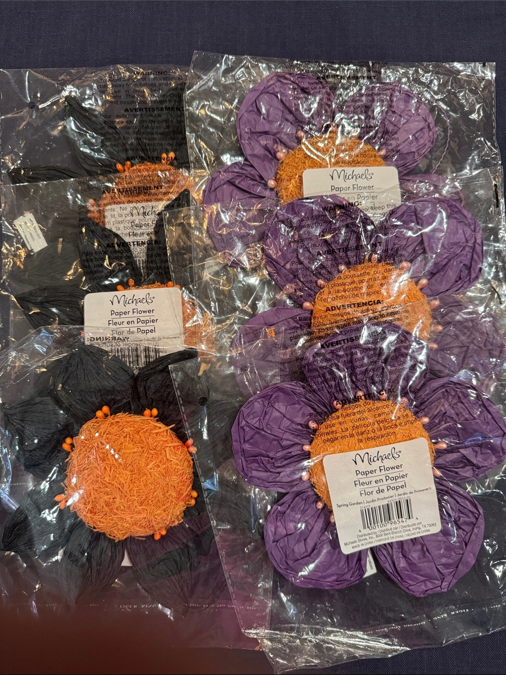 Michaels Paper Flowers Lot of 6 - 3 Purple & 3 Black NWT